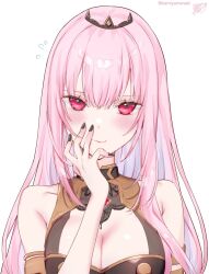 Rule 34 | 1girl, black dress, black nails, blush, breasts, cleavage, commentary, dress, highres, hololive, hololive english, kamiya maneki, large breasts, long hair, looking at viewer, mori calliope, mori calliope (1st costume), pink hair, red eyes, smile, solo, symbol-only commentary, tiara, upper body, veil, virtual youtuber, white background