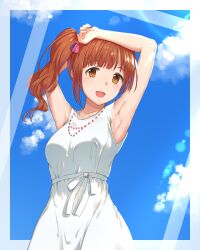 Rule 34 | 1girl, armpits, arms up, bare shoulders, blue sky, blush, bow, breasts, brown eyes, brown hair, cloud, collarbone, cowboy shot, dress, hair bow, hair ribbon, highres, idolmaster, idolmaster cinderella girls, idolmaster cinderella girls starlight stage, igarashi kyoko, jewelry, kozeni isari, lens flare, long hair, looking at viewer, medium breasts, necklace, open mouth, pink ribbon, rainbow gradient, ribbon, side ponytail, sky, sleeveless, sleeveless dress, smile, standing, sunlight, waist bow, white bow, white dress