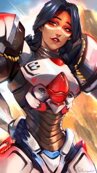 Rule 34 | 1girl, armor, black hair, braid, brown eyes, commentary, dark-skinned female, dark skin, english commentary, facepaint, hand on own hip, highres, lina rojas, lips, long hair, native american, nose, official alternate costume, overwatch, overwatch 1, pharah (overwatch), power armor, red lips, solo, thunderbird pharah, twin braids