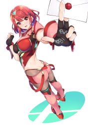 Rule 34 | 1girl, ass, black gloves, breasts, butt crack, chest jewel, daive, dimples of venus, earrings, female focus, fingerless gloves, gloves, highres, jewelry, large breasts, leggings, matching hair/eyes, nintendo, pantyhose, pyra (xenoblade), red eyes, red hair, red shorts, red thighhighs, short hair, short shorts, shorts, smash invitation, solo, super smash bros., super smash bros. logo, swept bangs, thighhighs, tiara, xenoblade chronicles (series), xenoblade chronicles 2