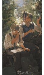 Rule 34 | 2boys, alternate costume, alternate hairstyle, black footwear, black hair, black necktie, black pants, blue vest, branch, brown hair, chinese commentary, closed eyes, collared shirt, commentary request, contemporary, day, english text, feet out of frame, glasses, hand on own chest, high ponytail, highres, holding, holding pen, ike eveland, in tree, knee up, male focus, multicolored hair, multiple boys, music, musical note, necktie, neofeli, nijisanji, nijisanji en, notebook, open mouth, outdoors, pants, pen, pillarboxed, shirt, shoes, short hair, shu yamino, singing, sitting, smile, spoken musical note, streaked hair, suspenders, swept bangs, tree, vest, virtual youtuber, white shirt, yellow eyes