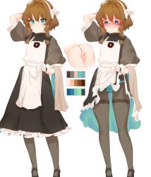 Rule 34 | 1boy, absurdres, ahoge, apron, aqua panties, ass, black bow, black dress, black footwear, black pantyhose, blush, borrowed character, bow, brown hair, bulge, clothes lift, color guide, commission, dress, embarrassed, flaccid, flower, green eyes, hair bow, hair intakes, highres, lifted by self, maid, male focus, nervous smile, niniidawns, original, panties, pantyhose, penis, perineum, sidelocks, simple background, skirt, skirt lift, smile, solo, testicles, thigh strap, trap, underwear, white background