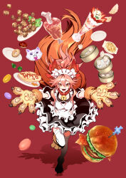 Rule 34 | 1girl, animal ears, animal hands, bell, boned meat, brown eyes, burger, cat feet, cat paws, character name, doughnut, dumpling, eyelashes, fang, fate/grand order, fate (series), food, fox ears, fox girl, fox tail, fruit, highres, ice cream cone, lettuce, macaron, maid, meat, meatball, miwa shirow, neck bell, omelet, omurice, open mouth, paw print, pawpads, pink hair, plate, ponytail, red background, rice, shadow, smoothie, solo, strawberry, tail, tamamo (fate), tamamo cat (fate), thighhighs, tomato, waffle cone, white thighhighs