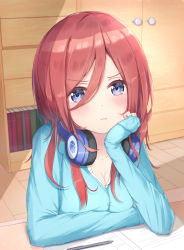 Rule 34 | 1girl, blue cardigan, blue eyes, blush, book, breasts, brown hair, cardigan, cleavage, drawer, go-toubun no hanayome, hair between eyes, head rest, headphones, headphones around neck, highres, indoors, long hair, nakano miku, paper, pen, pout, shiora draw draw, shirt, sitting, sleeves past wrists, solo, table, wardrobe, white shirt