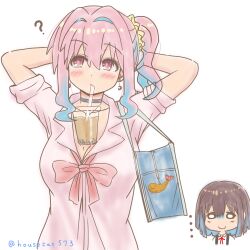 Rule 34 | ..., 2girls, ?, arms behind head, arms up, bag, black choker, blue hair, blush, bow, bowtie, breast envy, breasts, brown hair, bubble tea, bubble tea challenge, c:, choker, cleavage, commentary request, crescent, crescent earrings, cup, disposable cup, drinking straw, drinking straw in mouth, earrings, gloom (expression), hair between eyes, hair intakes, highres, housecat573, hozuki kaede, hozuki momiji, jewelry, large breasts, long hair, looking away, looking to the side, multicolored hair, multiple girls, object on breast, onii-chan wa oshimai!, partial commentary, pink eyes, pink hair, pink shirt, red bow, red bowtie, school bag, shirt, short hair, shoulder bag, siblings, side ponytail, sidelocks, simple background, sisters, sleeves rolled up, smile, solo focus, twitter username, two-tone hair, white background