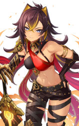 Rule 34 | 1girl, animal ears, armlet, armor, asymmetrical pants, belt, black belt, black hair, black pants, blue eyes, breasts, cape, commentary, crazy smile, criss-cross halter, crossed bangs, dehya (genshin impact), earrings, elbow gloves, fingerless gloves, fire, genshin impact, gloves, gold choker, gold trim, greatsword, halterneck, highres, holding, holding sword, holding weapon, jewelry, long hair, looking at viewer, medium breasts, multicolored hair, navel, nima (niru54), pants, prosthesis, prosthetic arm, red cape, shoulder armor, single wing, slit pupils, smile, solo, stomach, streaked hair, sword, very long hair, weapon, white background, wings