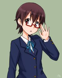 Rule 34 | 1girl, :o, adjusting eyewear, blazer, blue jacket, blue ribbon, brown eyes, brown hair, collared shirt, commentary request, een941, glasses, green background, hair between eyes, highres, jacket, k-on!, long sleeves, manabe nodoka, neck ribbon, parted lips, protected link, red-framed eyewear, ribbon, sakuragaoka high school uniform, school uniform, shirt, short hair, simple background, solo, upper body, white shirt