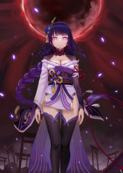 Rule 34 | 1girl, arms at sides, black thighhighs, blunt bangs, braid, breasts, cleavage, closed mouth, empty eyes, expressionless, floating hair, freze, full moon, genshin impact, glowing, glowing eyes, hair ornament, highres, japanese clothes, kimono, long hair, long sleeves, looking at viewer, medium breasts, mole, mole under eye, moon, purple eyes, purple hair, purple kimono, raiden shogun, red sky, serious, sky, thighhighs, very long hair, vision (genshin impact), walking, zettai ryouiki