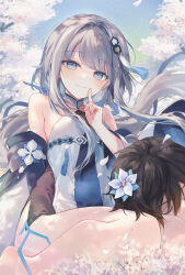 Rule 34 | 1boy, 1girl, bare shoulders, black hair, black sleeves, blue eyes, blush, branch, breasts, closed eyes, closed mouth, commentary request, day, detached sleeves, dress, finger to mouth, floating hair, flower, genshin impact, grey hair, guizhong (genshin impact), hair between eyes, hair flower, hair intakes, hair ornament, hand up, lap pillow, long hair, long sleeves, looking at viewer, outdoors, petals, revision, shushing, silltare, small breasts, smile, very long hair, white dress, white flower, wide sleeves, zhongli (genshin impact)