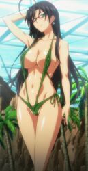 Rule 34 | 10s, 1girl, ahoge, arm up, armpits, bikini, black hair, breasts, brown hair, cleavage, covered erect nipples, earrings, female focus, glasses, green eyes, hasegawa chisato, highres, jewelry, large breasts, long hair, micro bikini, navel, palm tree, red-framed eyewear, screencap, shinmai maou no testament, sideboob, slingshot swimsuit, solo, standing, stitched, strap gap, swimsuit, thighs, third-party edit, tree, underboob