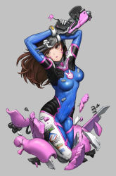 Rule 34 | 1girl, alex lee, arms up, bodysuit, breasts, brown eyes, brown hair, covered navel, d.va (overwatch), facial mark, finger on trigger, grey background, gun, handgun, highres, charm (object), legs folded, long hair, looking away, medium breasts, overwatch, overwatch 1, simple background, solo, v, weapon