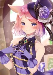 Rule 34 | 1girl, animal ears, bad id, bad pixiv id, bare shoulders, blurry, blurry background, blush, bow, braid, breasts, brick wall, cat ears, closed mouth, commentary request, crown braid, dated, depth of field, dress, facial mark, final fantasy, final fantasy xiv, flower, gloves, hands up, hat, hat flower, highres, looking at viewer, miqo&#039;te, misaki (pixiv30645085), pink hair, purple bow, purple dress, purple eyes, purple flower, purple gloves, purple hat, purple rose, rose, signature, sleeveless, sleeveless dress, small breasts, smile, solo, swept bangs, tilted headwear, top hat, upper body, warrior of light (ff14), whisker markings, window