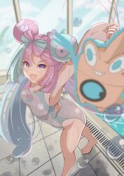 Rule 34 | 1girl, :d, absurdres, alternate costume, arm up, barefoot, blurry, breasts, commentary request, competition swimsuit, creatures (company), game freak, gen 4 pokemon, green hair, grey one-piece swimsuit, gym leader, highres, hisousakuya, iono (pokemon), long hair, looking at viewer, medium breasts, multicolored hair, nintendo, one-piece swimsuit, open mouth, pokemon, pokemon (creature), pokemon sv, pool, purple hair, rotom, rotom (wash), sharp teeth, smile, standing, swimsuit, teeth, toes, twintails, two-tone hair, upper teeth only, water, water drop