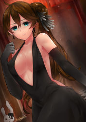 Rule 34 | 1girl, absurdres, aqua eyes, backless outfit, bare shoulders, black gloves, breasts, brown hair, cleavage, dress, dutch angle, earrings, elbow gloves, francis blake, gloves, hair ornament, halterneck, highres, jewelry, large breasts, long hair, mole, mole under eye, no bra, original, parted lips, revealing clothes, side ponytail, signature, solo