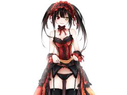 Rule 34 | 10s, 1girl, bare shoulders, black hair, black panties, black thighhighs, blush, breasts, choker, cleavage, clock eyes, clothes lift, collarbone, date a live, detached sleeves, dress, garter belt, garter straps, hairband, heterochromia, highres, lingerie, lolita fashion, lolita hairband, long hair, looking at viewer, open mouth, panties, red eyes, simple background, skirt, skirt lift, smile, solo, symbol-shaped pupils, thighhighs, tokisaki kurumi, twintails, underwear, upskirt, white background, yellow eyes