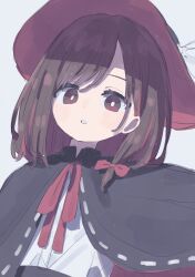 Rule 34 | 1girl, absurdres, black capelet, bow, brown eyes, brown hair, buttons, capelet, hair bow, hat, highres, nama udon, open mouth, red bow, red ribbon, ribbon, shirt, short hair, simple background, sketch, solo, touhou, upper body, usami renko, white background, white shirt