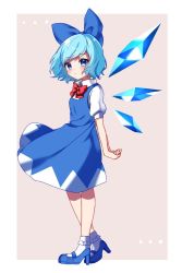Rule 34 | 1girl, bad id, bad twitter id, blue bow, blue dress, blue eyes, blue footwear, blue hair, blush, bobby socks, bow, bowtie, brown background, cirno, closed mouth, collar, collared shirt, dress, high heels, highres, ice, ice wings, looking at viewer, mary janes, puffy short sleeves, puffy sleeves, red bow, red bowtie, shinonome asu, shirt, shoes, short hair, short sleeves, simple background, socks, solo, standing, touhou, white shirt, white socks, wings