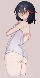 Rule 34 | 1girl, ass, black hair, blue eyes, blush, commentary, cowboy shot, embarrassed, from below, hair between eyes, highres, kataku musou, kill la kill, looking at viewer, looking down, matoi ryuuko, multicolored hair, naked towel, open mouth, red hair, short hair, skindentation, solo, standing, streaked hair, thighs, towel, two-tone hair