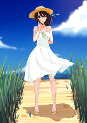Rule 34 | 10s, 1girl, bad id, bad pixiv id, beach, day, dress, furutaka (kancolle), hat, kantai collection, looking at viewer, lu (nh054021), outdoors, sandals, smile, solo, standing, sun hat, sundress, water