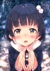 Rule 34 | 10s, 1girl, bad id, bad twitter id, black hair, blush, breath, brown eyes, hair ornament, highres, idolmaster, idolmaster million live!, looking at viewer, nakatani iku, narumi arata, open mouth, own hands together, short hair, side ponytail, snow, solo