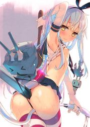 Rule 34 | 10s, 1girl, anal, anal object insertion, anchor hair ornament, arm up, armpits, ass, back scrubber, between thighs, black panties, blonde hair, blush, breasts, butt crack, elbow gloves, female focus, gloves, hair ornament, hairband, jpeg artifacts, kantai collection, long hair, microskirt, nipples, object insertion, panties, rensouhou-chan, revision, shimakaze (kancolle), shower head, skirt, small breasts, solo, striped clothes, striped thighhighs, tatami to hinoki, thighhighs, thong, underwear, wedgie, wet, yellow eyes