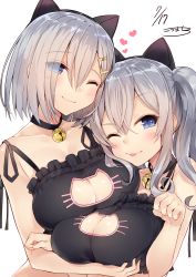 Rule 34 | 10s, 2girls, ;3, ;p, animal ears, artist name, bell, black bra, blue eyes, blush, bra, grabbing another&#039;s breast, breast press, breast rest, breasts, cat cutout, cat ears, cat lingerie, choker, cleavage, cleavage cutout, closed mouth, clothing cutout, collar, collarbone, dated, eyebrows, eyes visible through hair, fake animal ears, grabbing, hair between eyes, hair ornament, hair over one eye, hairclip, hamakaze (kancolle), heart, highres, jingle bell, kantai collection, kashima (kancolle), kou mashiro, large breasts, looking at viewer, meme attire, multiple girls, neck bell, one eye closed, paw pose, short hair, signature, silver hair, simple background, smile, tongue, tongue out, twintails, underwear, upper body, white background