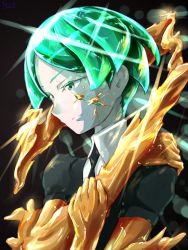Rule 34 | 1other, androgynous, crack, determined, frown, gem uniform (houseki no kuni), gold, golden arms, green eyes, green hair, highres, houseki no kuni, necktie, phosphophyllite, short hair, solo, spoilers, tagme, tei-o, uniform