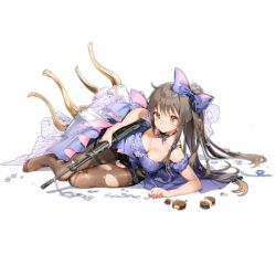 Rule 34 | 1girl, alternate hairstyle, anmi, assault rifle, black bra, blush, bow, bowtie, bra, breasts, brown eyes, brown hair, brown pantyhose, chair, choker, cleavage, closed mouth, collarbone, confetti, daewoo k2, damaged, dress, expressionless, full body, girls&#039; frontline, gun, hair bow, hair ornament, hairclip, holding, holding gun, holding weapon, k2 (before dawn) (girls&#039; frontline), k2 (girls&#039; frontline), knee up, layered dress, long hair, looking at viewer, lying, medium breasts, no shoes, official alternate costume, official art, on floor, pantyhose, pantyhose under shorts, purple bow, purple dress, rifle, short shorts, shorts, shorts under dress, side ponytail, sidelocks, single sleeve, solo, sweatdrop, thigh strap, torn clothes, torn pantyhose, transparent background, underwear, weapon, wristband