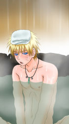 Rule 34 | 1boy, blonde hair, blue eyes, blush, chestnut mouth, crystal, embarrassed, facial mark, half-closed eyes, jewelry, male focus, naruto, naruto (series), necklace, nipples, onsen, out-of-frame censoring, shunpuu, sitting, solo, spiked hair, towel, uzumaki naruto, water, wet, wet hair, whisker markings