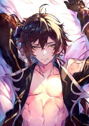 Rule 34 | 1boy, ahoge, bare pectorals, black hair, collarbone, commentary, english commentary, genshin impact, looking at viewer, lying, male focus, on back, pectorals, redcomet, short hair, solo, upper body, yellow eyes, zhongli (genshin impact)