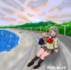 Rule 34 | 1girl, :o, absurdres, artist name, artist request, bag, bare legs, black legwear, blue eyes, blush, bottle, bow, bowtie, breasts, brown footwear, brown hair, buttons, cloud, collared shirt, detached sleeves, double-breasted, female focus, full body, gekikarato, grey hair, grey skirt, highres, holding, holding bottle, light brown hair, long sleeves, looking at viewer, love live!, love live! sunshine!!, nail polish, nails, ocean, otonokizaka school uniform, outdoors, parted lips, pink nails, pleated skirt, red bow, red bowtie, ribbon, sailor collar, school uniform, shirt, shoes, short hair, skirt, small breasts, smile, solo, sunset, uranohoshi school uniform, watanabe you, white shirt