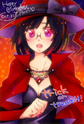 Rule 34 | 1girl, black hair, blush, bob cut, bow, breasts, cape, cleavage, collarbone, conoko kino, durarara!!, female focus, glasses, glowing, glowing eyes, gradient background, halloween, happy birthday, hat, jewelry, necklace, open mouth, purple eyes, short hair, small breasts, solo, sonohara anri, star-shaped pupils, star (symbol), symbol-shaped pupils, trick or treat, upper body, witch hat