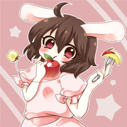 Rule 34 | 1girl, ahoge, animal ears, apple, apple slice, blush, brown hair, covering own mouth, food, fork, frilled sleeves, frills, fruit, hair between eyes, inaba tewi, jewelry, looking at viewer, necklace, pink eyes, puffy short sleeves, puffy sleeves, rabbit ears, s-s (ss), short sleeves, solo, star (symbol), touhou