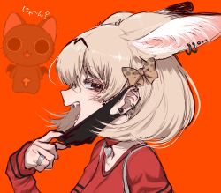 Rule 34 | 1girl, alternate costume, animal ear fluff, animal ears, bandaid, bandaid on face, bandaid on nose, black eyes, blonde hair, bow, choker, ear piercing, extra ears, fangs, from side, hair between eyes, hair bow, heart, heart choker, highres, jewelry, kemono friends, long sleeves, looking at viewer, mask, mask pull, mouth mask, notora, nyanpire, nyanpire (character), open mouth, orange background, piercing, portrait, red choker, ring, serval (kemono friends), short hair, simple background, solo, teeth, vampire (vocaloid), vocaloid