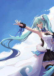 Rule 34 | 1girl, absurdres, ahoge, armpits, black choker, black skirt, black thighhighs, blue bow, blue bowtie, blue eyes, blue hair, blue ribbon, blue sky, bow, bowtie, breasts, choker, cloud, collarbone, day, floating hair, hair between eyes, hatsune miku, highres, layered skirt, long hair, medium breasts, miniskirt, ningjuice, open mouth, outdoors, outstretched arm, pleated skirt, ribbon, skirt, sky, solo, standing, strapless, thighhighs, twintails, very long hair, vocaloid, waist cape, zettai ryouiki
