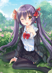 Rule 34 | 1girl, ;d, absurdres, black bra, black jacket, black skirt, black thighhighs, blue sky, blush, bottle, bow, bowtie, bra, breasts, brown eyes, cloud, collared shirt, day, falling leaves, flower, garden, grass, hair between eyes, hair ornament, hair ribbon, hairclip, highres, holding, holding bottle, holmemee, jacket, leaf, long hair, long sleeves, looking at viewer, miniskirt, moe2019, no shoes, off shoulder, one eye closed, open clothes, open jacket, open mouth, original, outdoors, pink flower, plaid, plaid skirt, pleated skirt, purple flower, purple hair, red bow, red bowtie, ribbon, school uniform, see-through, shirt, shirt tucked in, sitting, skirt, sky, small breasts, smile, solo, thighhighs, twintails, underwear, very long hair, wariza, water bottle, water drop, wet, wet clothes, wet shirt, white shirt, wing collar