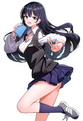 Rule 34 | 1girl, :d, black hair, blue skirt, blue socks, blush, boku no kokoro no yabai yatsu, breasts, brown eyes, cardigan vest, collared shirt, commentary request, dress shirt, from side, grey footwear, hand up, highres, holding, long hair, long sleeves, looking at viewer, looking to the side, medium breasts, open mouth, pleated skirt, puffy long sleeves, puffy sleeves, ririko (zhuoyandesailaer), school uniform, shirt, shoes, simple background, skirt, smile, socks, solo, standing, standing on one leg, teeth, upper teeth only, v, very long hair, white background, white shirt, yamada anna