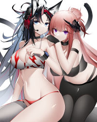 Rule 34 | 2girls, absurdres, animal ears, arknights, arm strap, bagpipe (arknights), bare arms, bare shoulders, bikini, black choker, black hair, black legwear, blaze (arknights), blaze (burst feline) (arknights), blue eyes, breasts, cat ears, cat tail, choker, cleavage, commentary request, groin, headphones, headset, highres, horns, korean commentary, large breasts, long hair, looking at viewer, multiple girls, navel, ness (pjw0168), official alternate costume, pantyhose, parted lips, pink hair, purple eyes, simple background, stomach, swimsuit, tail, thighs, very long hair, watch, white background, white bikini, wristwatch
