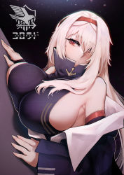 Rule 34 | 1girl, azur lane, breasts, character name, colorado (azur lane), detached sleeves, eagle union (emblem), from side, hairband, highres, large breasts, long hair, red eyes, red hairband, shirt, sideboob, sleeveless, sleeveless shirt, solo, uni (oni unicorn), upper body, white hair