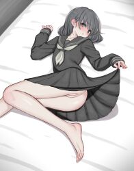 Rule 34 | 1girl, ass, barefoot, blush, bottomless, cleft of venus, clothes lift, eyebrows hidden by hair, eyes visible through hair, female focus, grey hair, grey shirt, highres, legs together, lying, medium hair, mustee, ok sign, on bed, on side, original, oversized clothes, paid reward available, pussy, sailor collar, shirt, skirt, skirt lift, solo, solo focus, tagme, thighs