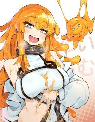 Rule 34 | 1girl, absurdres, blue eyes, breasts, detached sleeves, gradient background, high collar, highres, karasu raven, large breasts, long hair, long sleeves, looking at viewer, open mouth, orange background, orange hair, original, shirt, sleeveless, slime (creature), slime (substance), solo, standing, upper body, virtual youtuber, white background, white shirt
