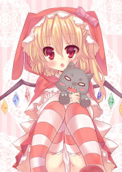 Rule 34 | 1girl, animal ears, animal hood, blonde hair, blush stickers, cameltoe, flandre scarlet, hood, hug, looking at viewer, open mouth, panties, pantyshot, rabbit ears, red eyes, ribbon, sharp teeth, shiodome oji, side ponytail, sitting, solo, striped background, striped clothes, striped thighhighs, stuffed animal, stuffed cat, stuffed toy, teeth, thighhighs, touhou, underwear, white panties, wings