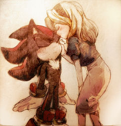Rule 34 | 1girl, aoki (fumomo), bad id, bad pixiv id, blonde hair, closed eyes, dress, furry, furry male, furry with non-furry, interspecies, kiss, kissing forehead, kissing nose, layered sleeves, long hair, maria robotnik, shadow the hedgehog, simple background, sonic (series), traditional media