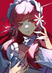 Rule 34 | 1girl, blunt bangs, blush, closed mouth, collar, collarbone, detached collar, dress, emi star, flower, frilled collar, frilled hairband, frills, hair flower, hair ornament, hair ribbon, hairband, hand up, highres, light smile, long hair, long sleeves, persona, persona 3, red hair, ribbon, sidelocks, solo, upper body, white dress, white hairband, white ribbon, yoshino chidori