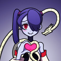 Rule 34 | 1girl, bare shoulders, blue hair, blue skin, blush, choker, colored skin, detached sleeves, closed eyes, hair over one eye, heart, heart hands, heart hands duo, leviathan (skullgirls), looking at viewer, red eyes, shisen, side ponytail, skullgirls, smile, squigly (skullgirls), stitched mouth, stitches, striped, twintails, zombie