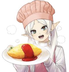 Rule 34 | 1girl, apron, chef hat, earrings, elf, food, frieren, green eyes, hat, holding, holding plate, inkdaisuki, jewelry, long hair, long sleeves, looking at viewer, omelet, omurice, open mouth, pink apron, pink hat, plate, pointy ears, shirt, simple background, smile, solo, sousou no frieren, twintails, upper body, white background, white hair, white shirt