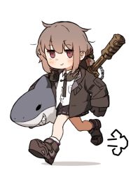 Rule 34 | 1girl, ahoge, amonitto, black gloves, black jacket, black necktie, blouse, blush, bolt action, brown hair, closed mouth, commentary request, girls&#039; frontline, gloves, gun, hair between eyes, holding, holding toy, jacket, long hair, long sleeves, looking at viewer, m200 (girls&#039; frontline), necktie, open clothes, open jacket, red eyes, running, shadow, shark, shirt, sidelocks, simple background, skirt, smile, solo, stuffed animal, stuffed toy, toy, weapon, white background, white shirt