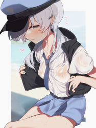 Rule 34 | 1girl, absurdres, belt, blue archive, blush, breasts, crossed legs, green eyes, grey hair, hat, highres, kawa mura, long hair, medium breasts, necktie, see-through, sitting, skirt, smile, solo, valkyrie police academy student (blue archive), vest, wet, wet clothes