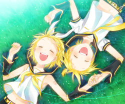 Rule 34 | 1boy, 1girl, bad id, bad pixiv id, blonde hair, brother and sister, from above, grass, holding hands, hetero, kagamine len, kagamine rin, laughing, lying, nail polish, on back, short hair, siblings, smile, twins, vocaloid, yellow nails, yuuno (yukioka)