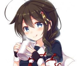 Rule 34 | 10s, 1girl, :q, ahoge, black gloves, black hair, black serafuku, blue eyes, blush, braid, closed mouth, cup, emilion, fingerless gloves, gloves, hair between eyes, hair ornament, holding, holding cup, kantai collection, licking lips, looking at viewer, school uniform, serafuku, shigure (kancolle), shigure kai ni (kancolle), short sleeves, simple background, smile, solo, steam, tongue, tongue out, white background